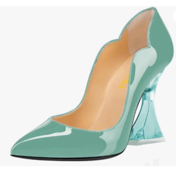 FSJ Turquoise Pointed Toe High Heel Slip On Unique Transparent Chunky Heel Pumps - Picture 1 of 8